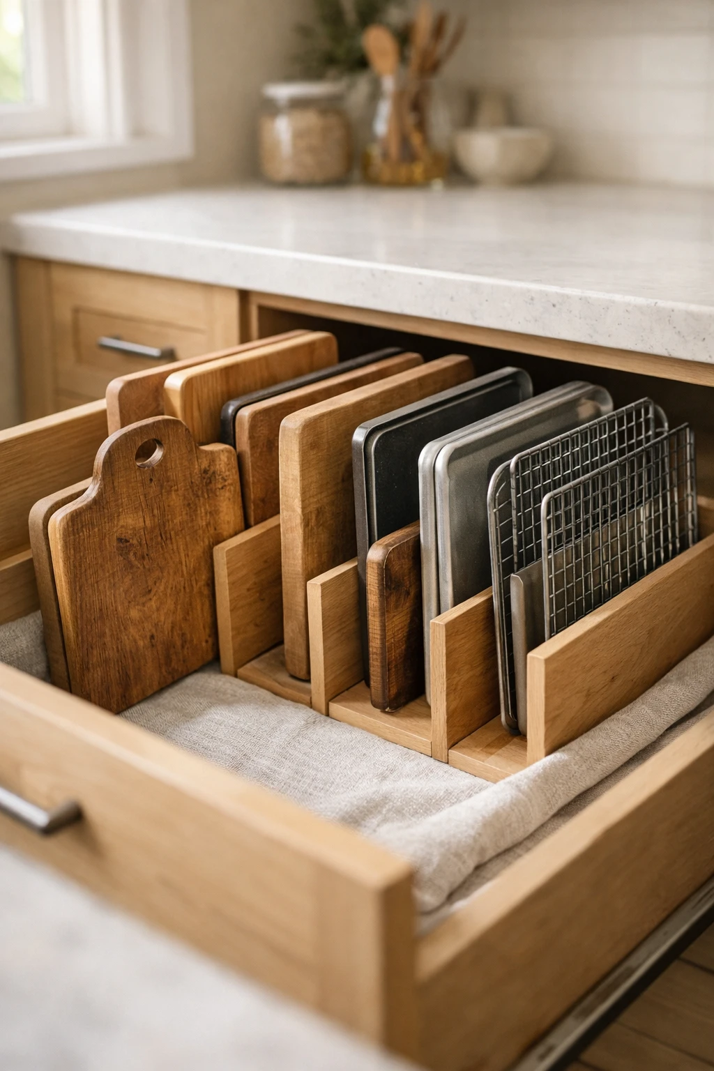 Kitchen drawer with vertical dividers holding cutting boards and baking trays upright.