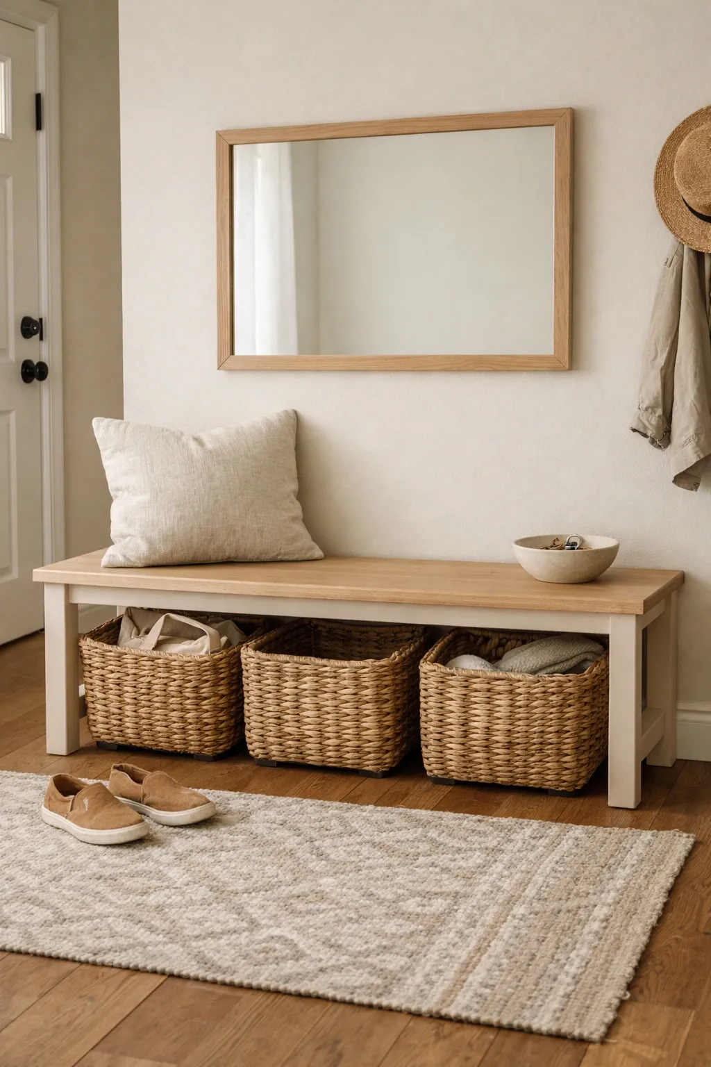 A front entryway bench with woven baskets underneath, neutral pillows, and simple wall decor.