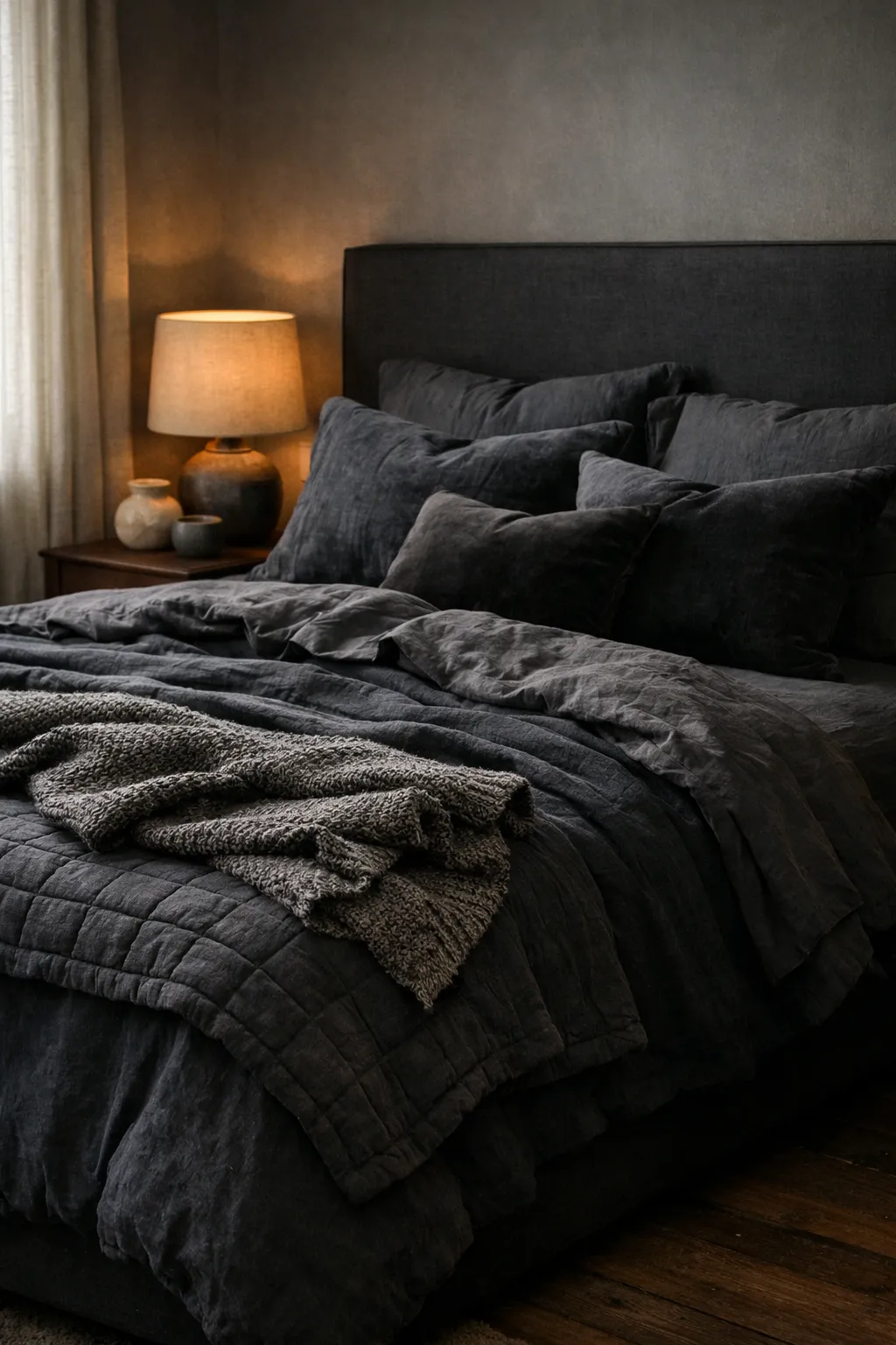 A dark bedroom with layered black bedding in mixed textures and a cozy moody feel.