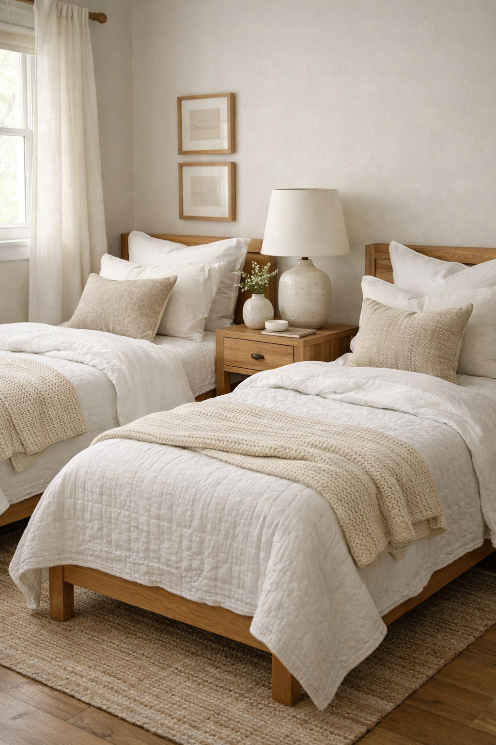 Twin guest beds with layered white bedding, textured throws, and soft pillows create a warm and inviting space.