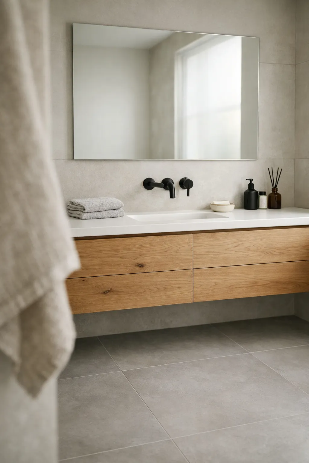 A clean minimalist bathroom with floating vanity and neutral tones.