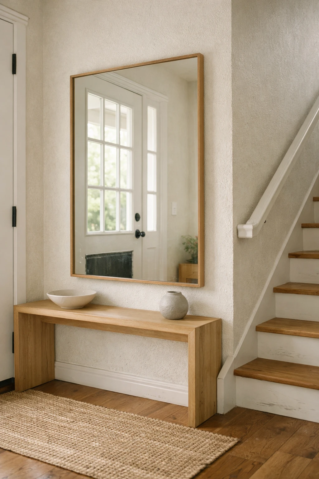 A small entryway with stairs and a wall mirror reflecting soft natural light.