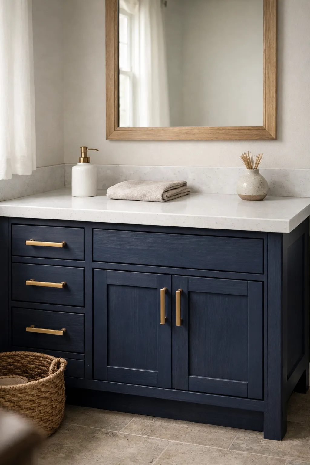 A bathroom with a navy blue vanity, brass hardware, white countertop, and warm layered styling.
