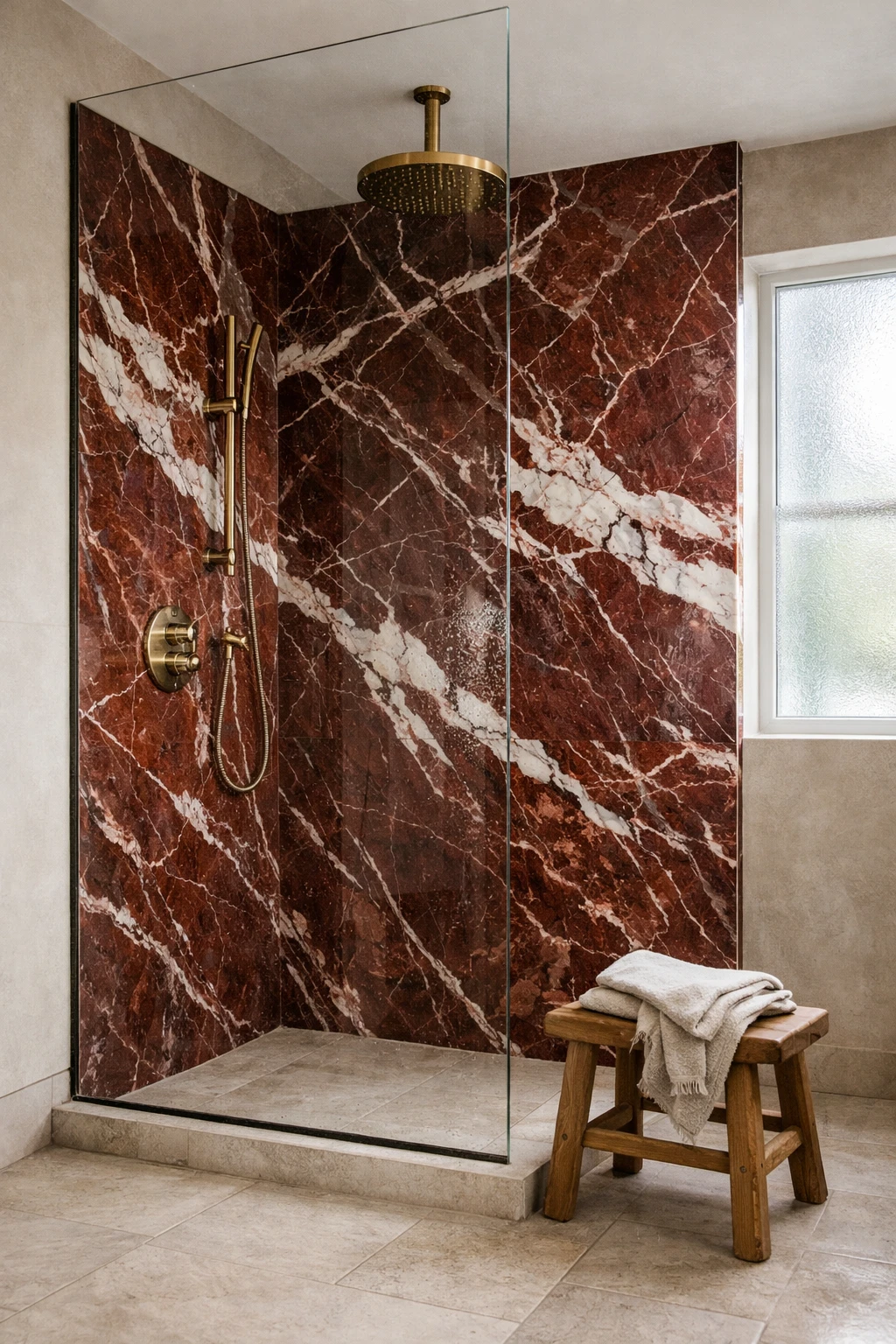 Walk-in shower with large red marble slab walls illuminated by diffused window light.