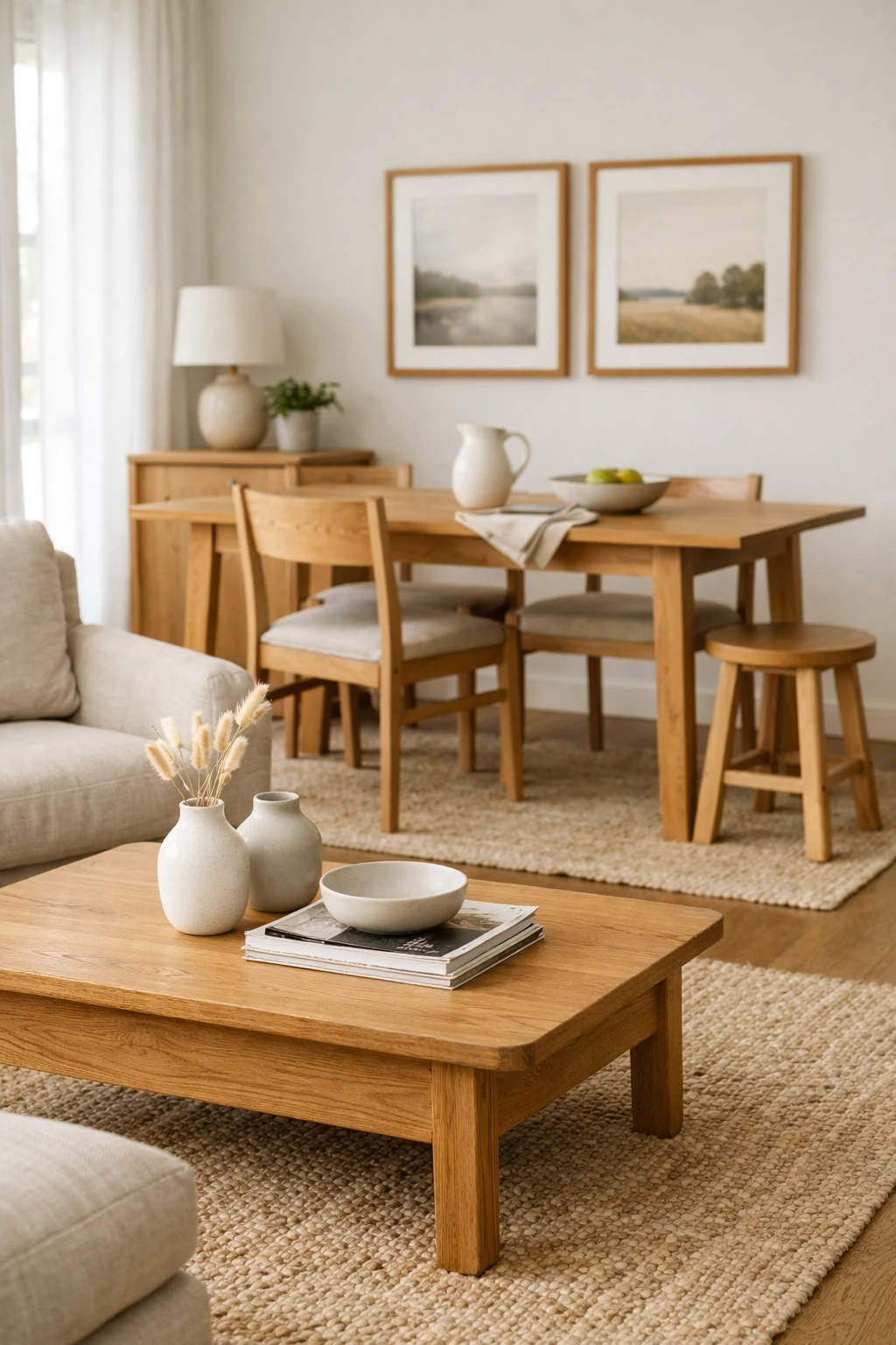 A connected living and dining space with matching oak wood tones used in tables, frames, and side furniture.