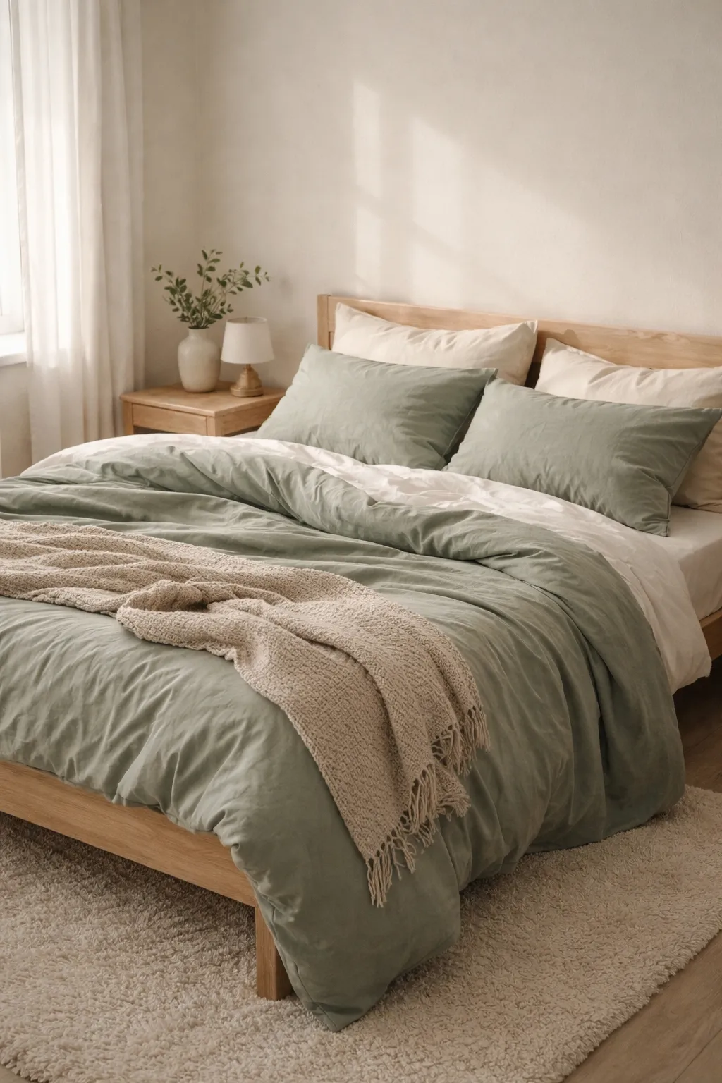 A neatly layered bed with sage green duvet, white sheets, cream pillows, and soft natural light.