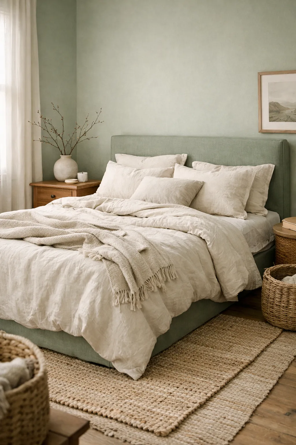A sage green and cream bedroom with soft bedding, warm wood furniture, and natural textures.