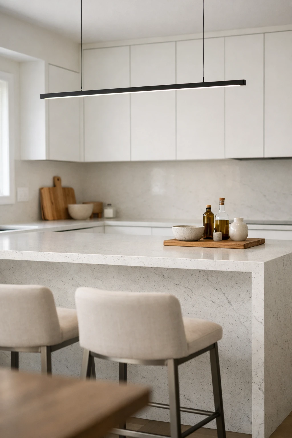 Minimal linear LED light fixture above a modern waterfall kitchen island