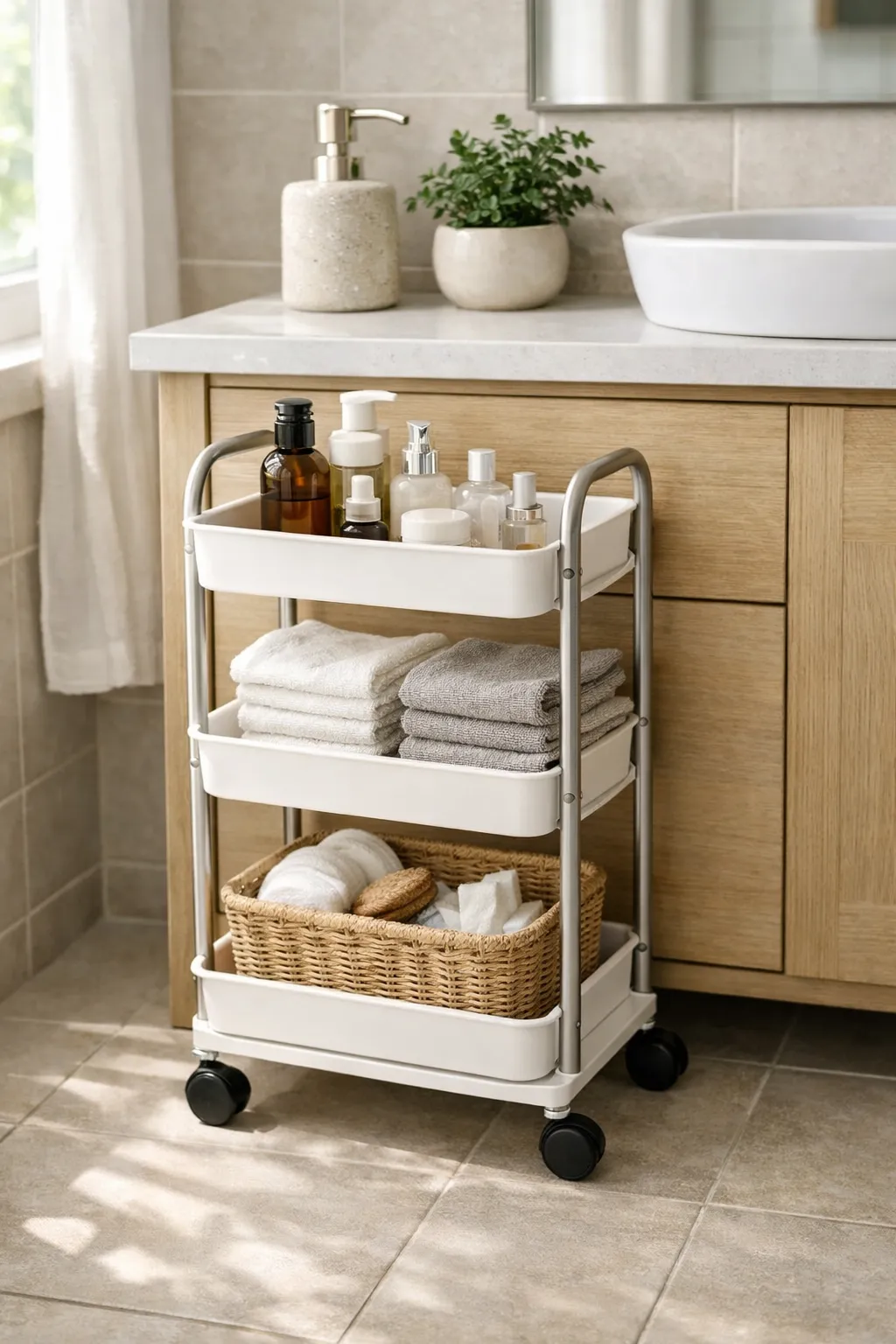 Narrow rolling cart placed beside a bathroom vanity storing toiletries and towels.