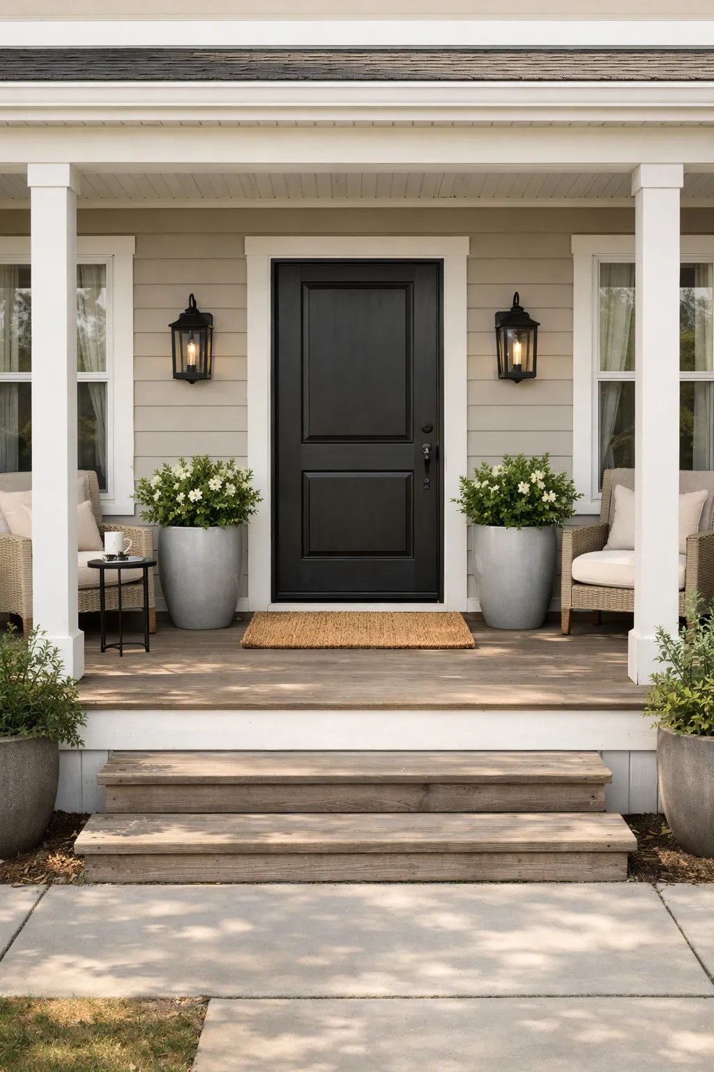 A double wide front porch with matching planters, chairs, and lighting arranged symmetrically around the front entry.