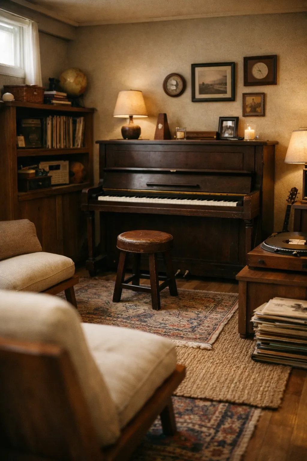 An Animal Crossing basement styled like a vintage music lounge with a piano, seating, and rich wood tones.