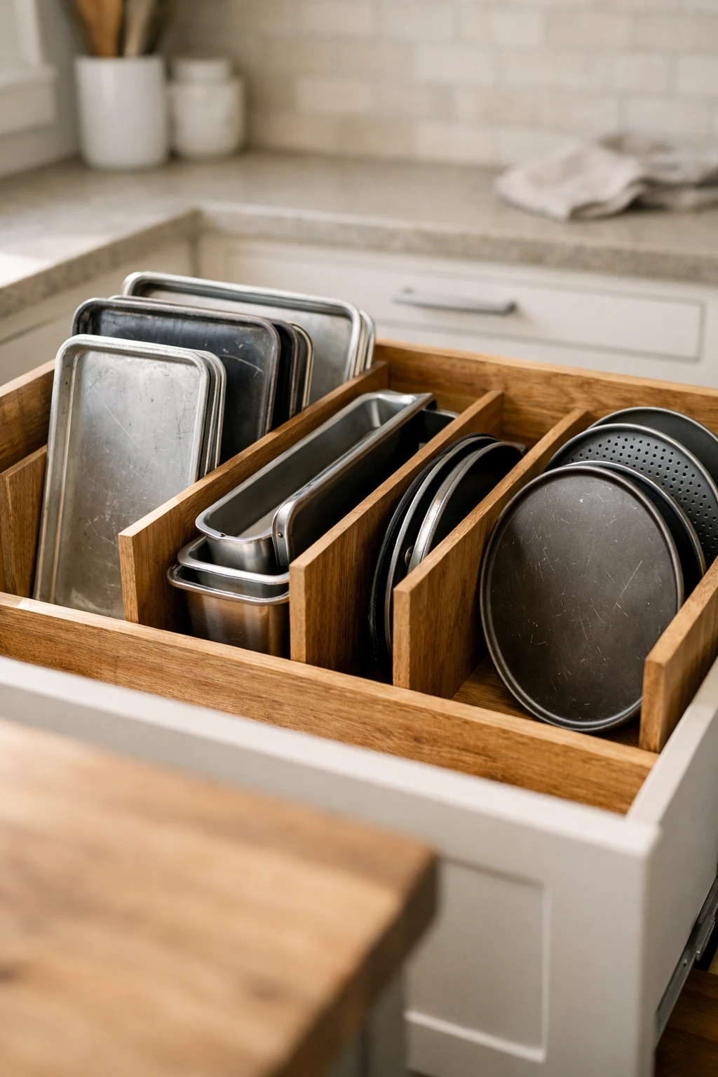 Deep kitchen drawer storing baking sheets and roasting pans vertically.