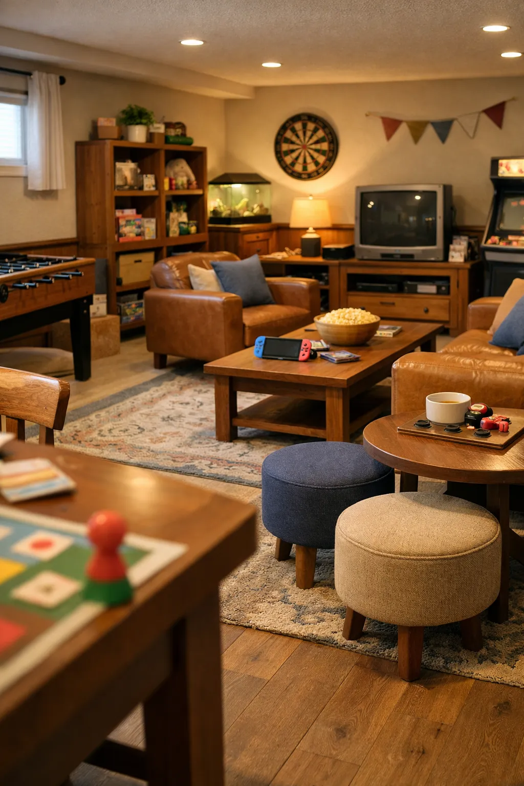 A social Animal Crossing basement game room with tables, seating, and playful entertainment decor.