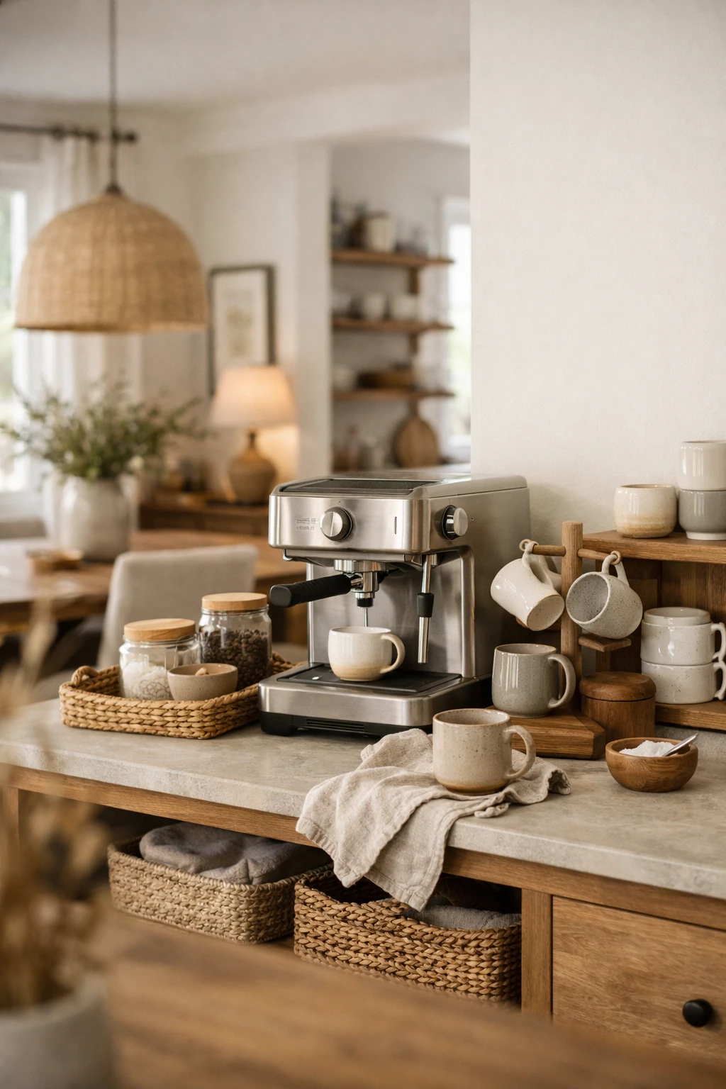 A home coffee bar styled to blend naturally with the room using matching colors, textures, and decor.
