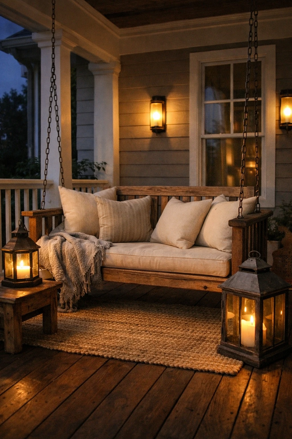 A front porch swing styled with lanterns and warm evening lighting for a cozy nighttime look.