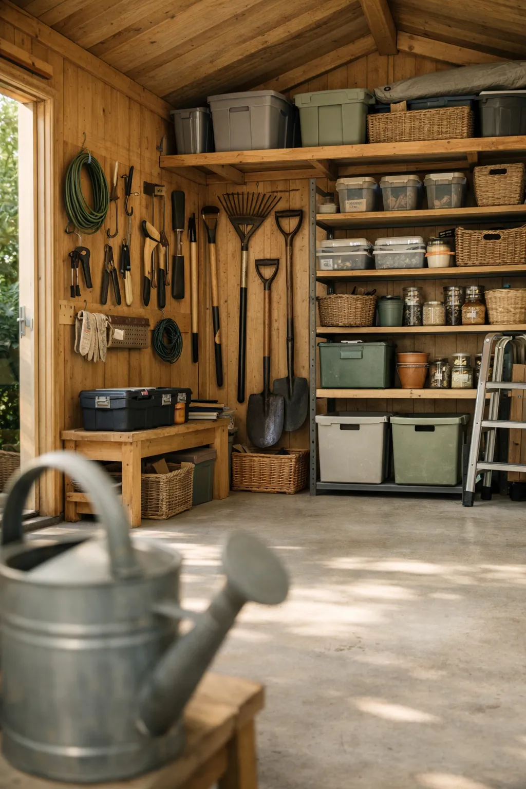 Clean and organized backyard shed interior with clear floor space.