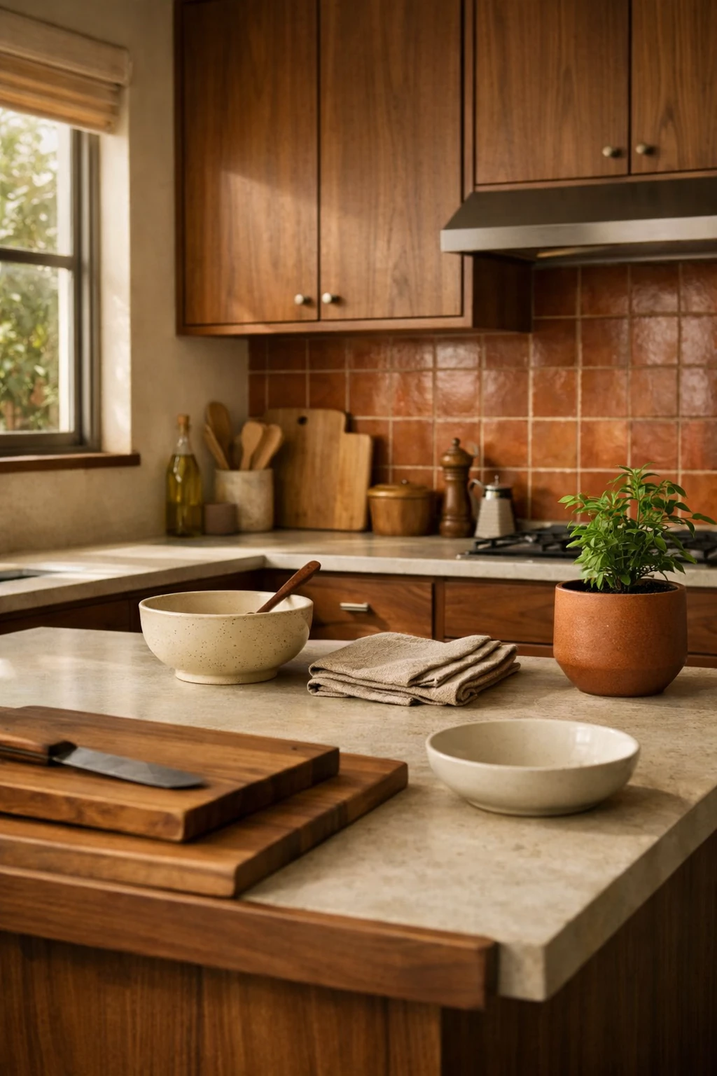 Mid century kitchen with warm terracotta and wood color palette