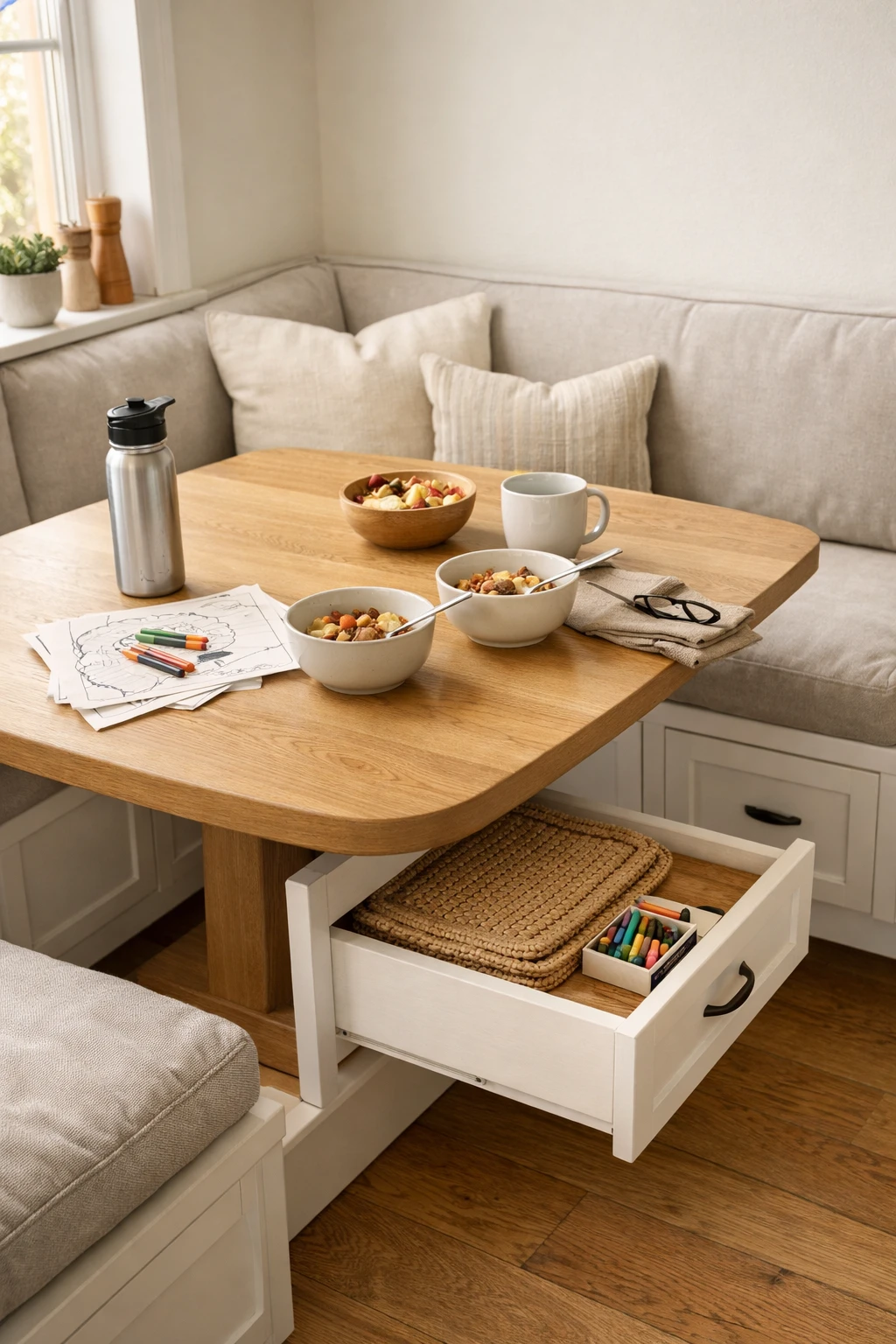 A family-friendly kitchen banquette with easy-clean cushions, rounded edges, and practical storage.
