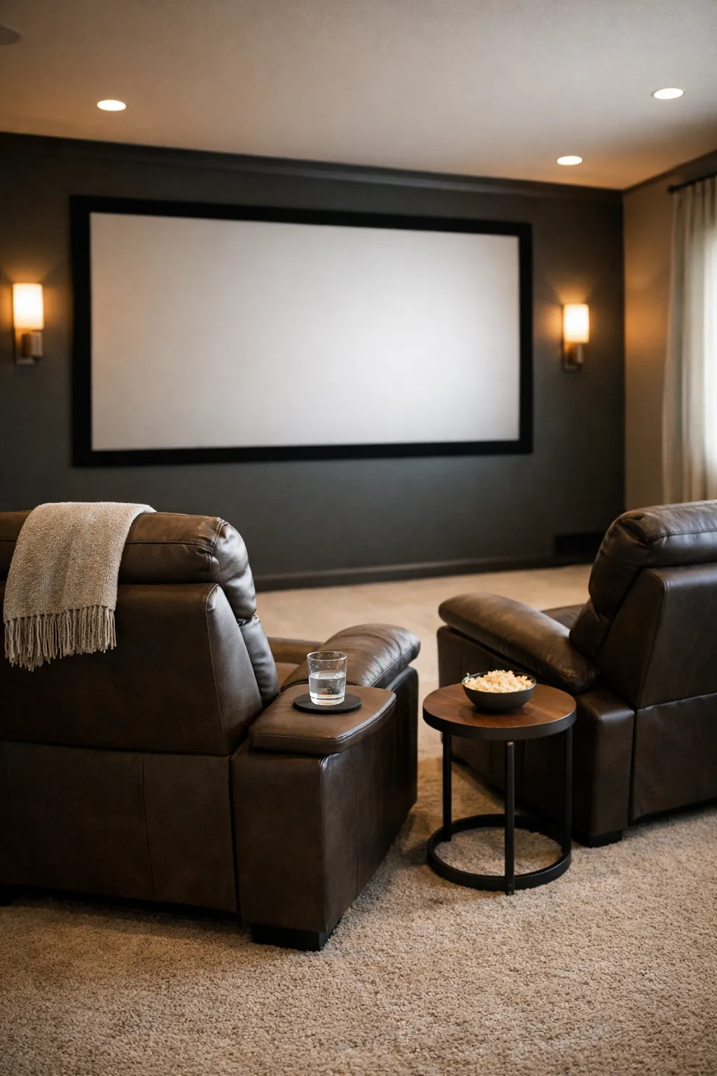 A luxury-style basement theater with recliner seating, dark walls, and warm lighting.