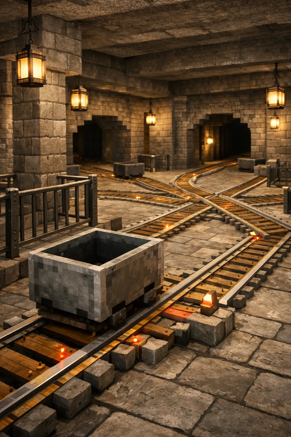 underground Minecraft railway hub with minecart tracks and lanterns