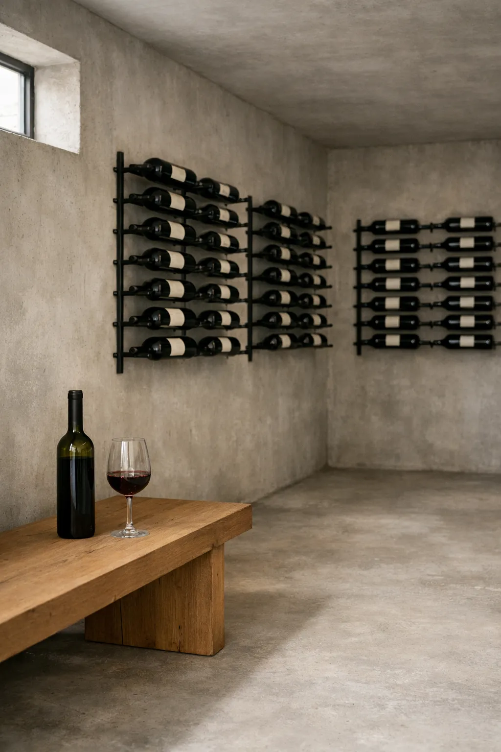 Modern wine cellar with concrete walls and metal racks.