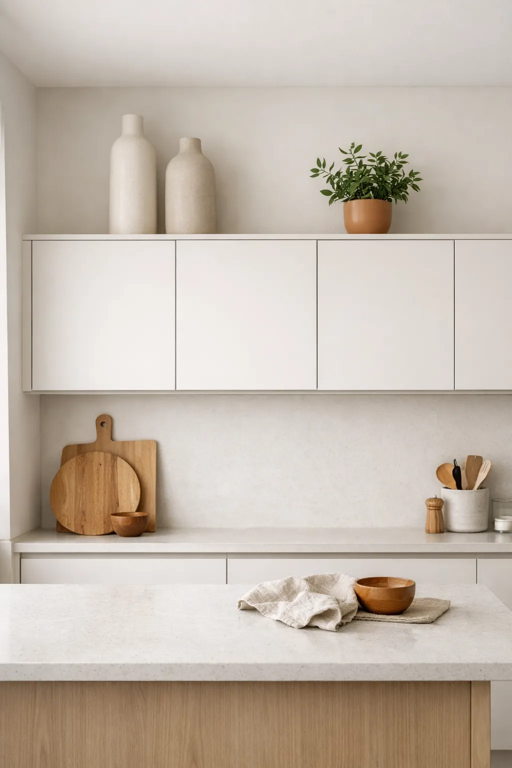 Minimal decor styling above modern kitchen cabinets with neutral pottery and greenery.