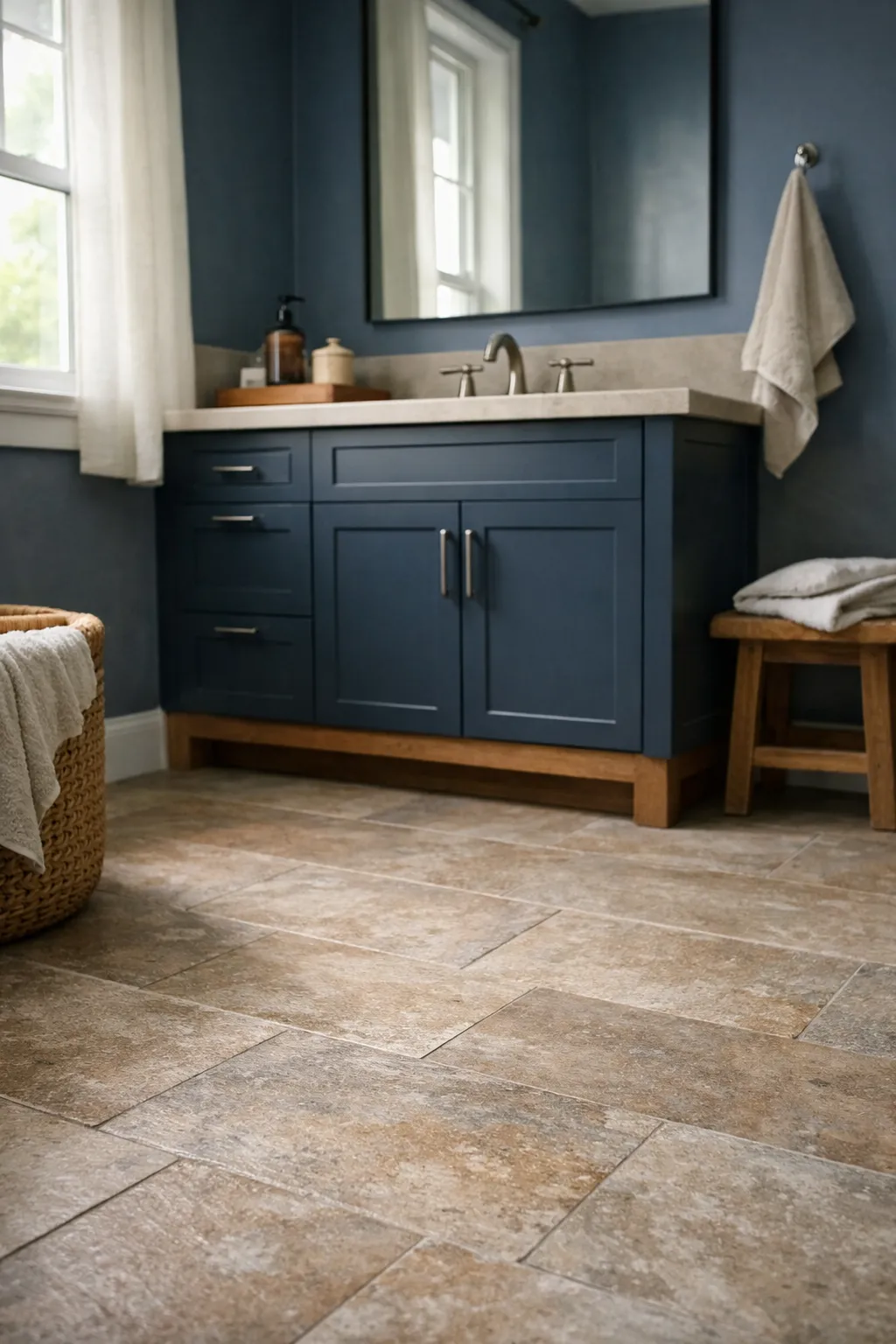 A moody blue bathroom with warm stone-look floors and balanced natural textures.