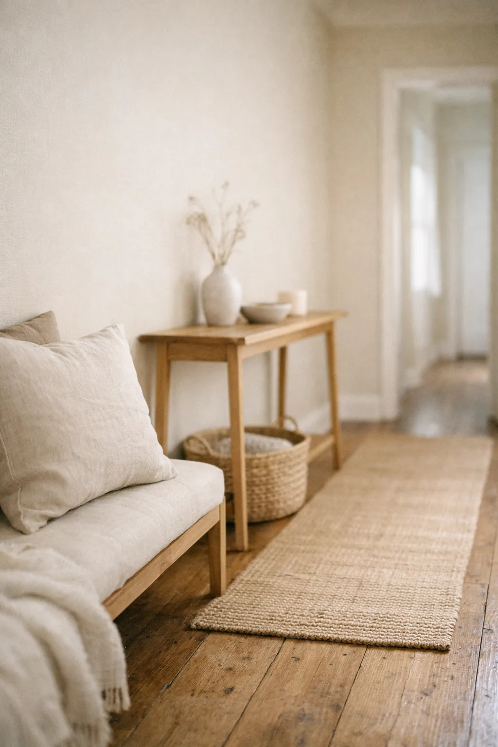 Neutral bohemian hallway with layered textures and soft lighting.