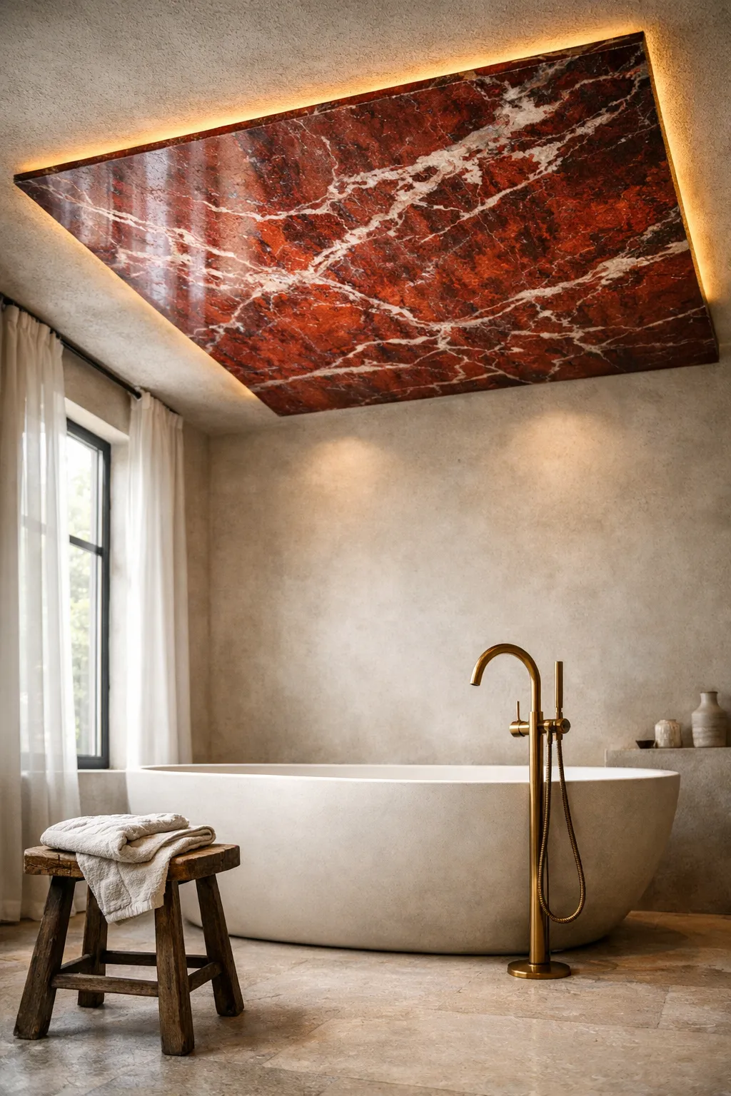 Bathroom featuring a red marble ceiling panel above a freestanding bathtub.
