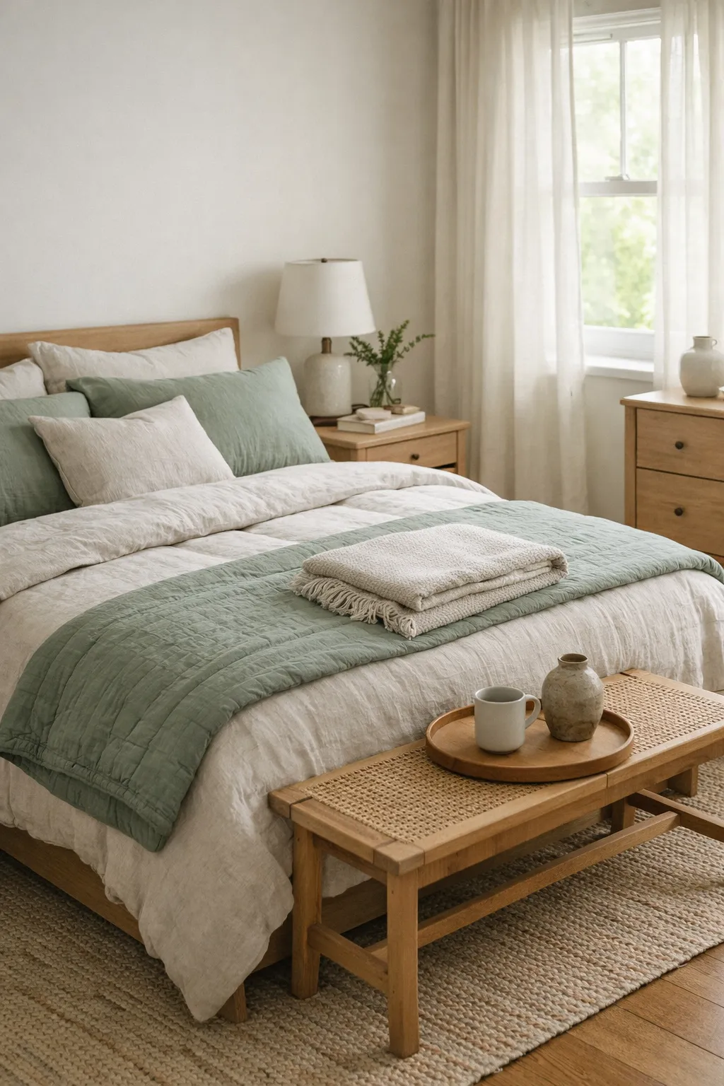A welcoming guest bedroom with sage green accents, layered bedding, and soft light.