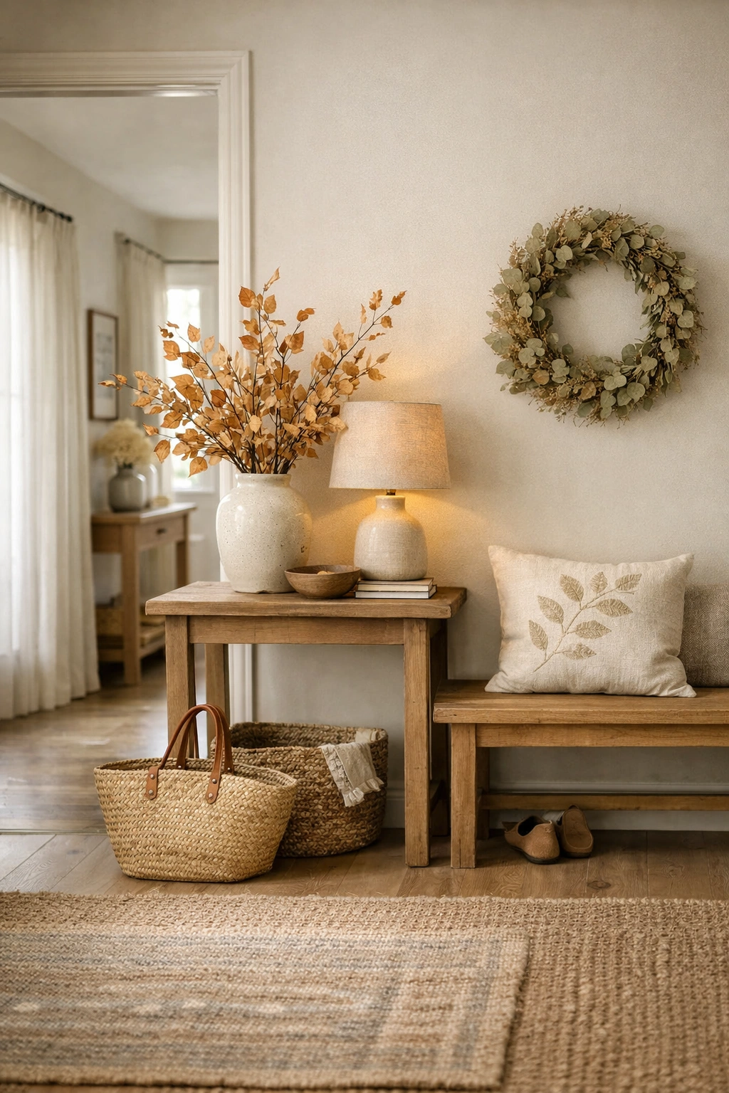 A home entrance with a subtle seasonal accent added to neutral everyday decor.