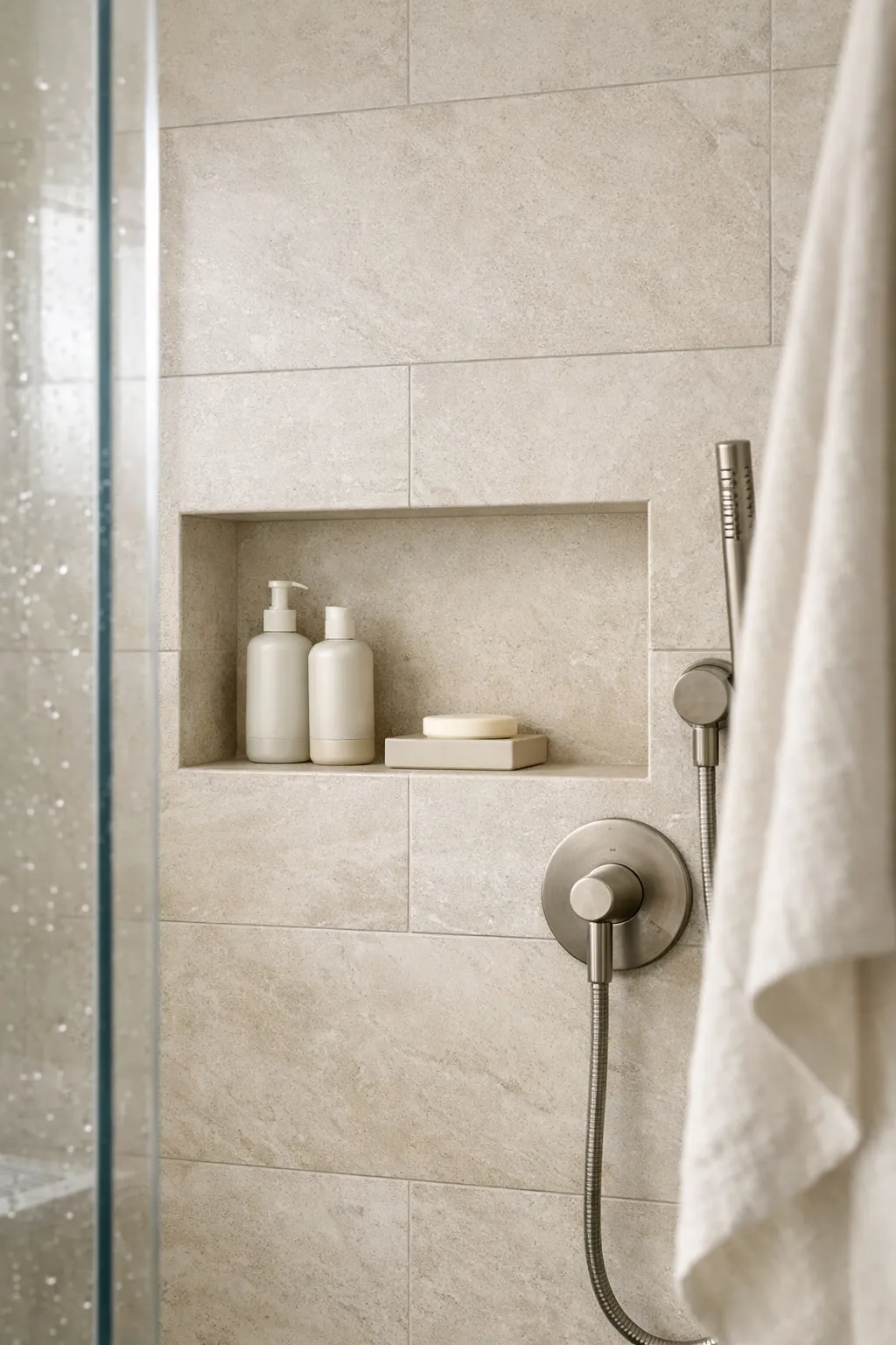A neutral modern shower with a clean built-in niche and minimal styling.