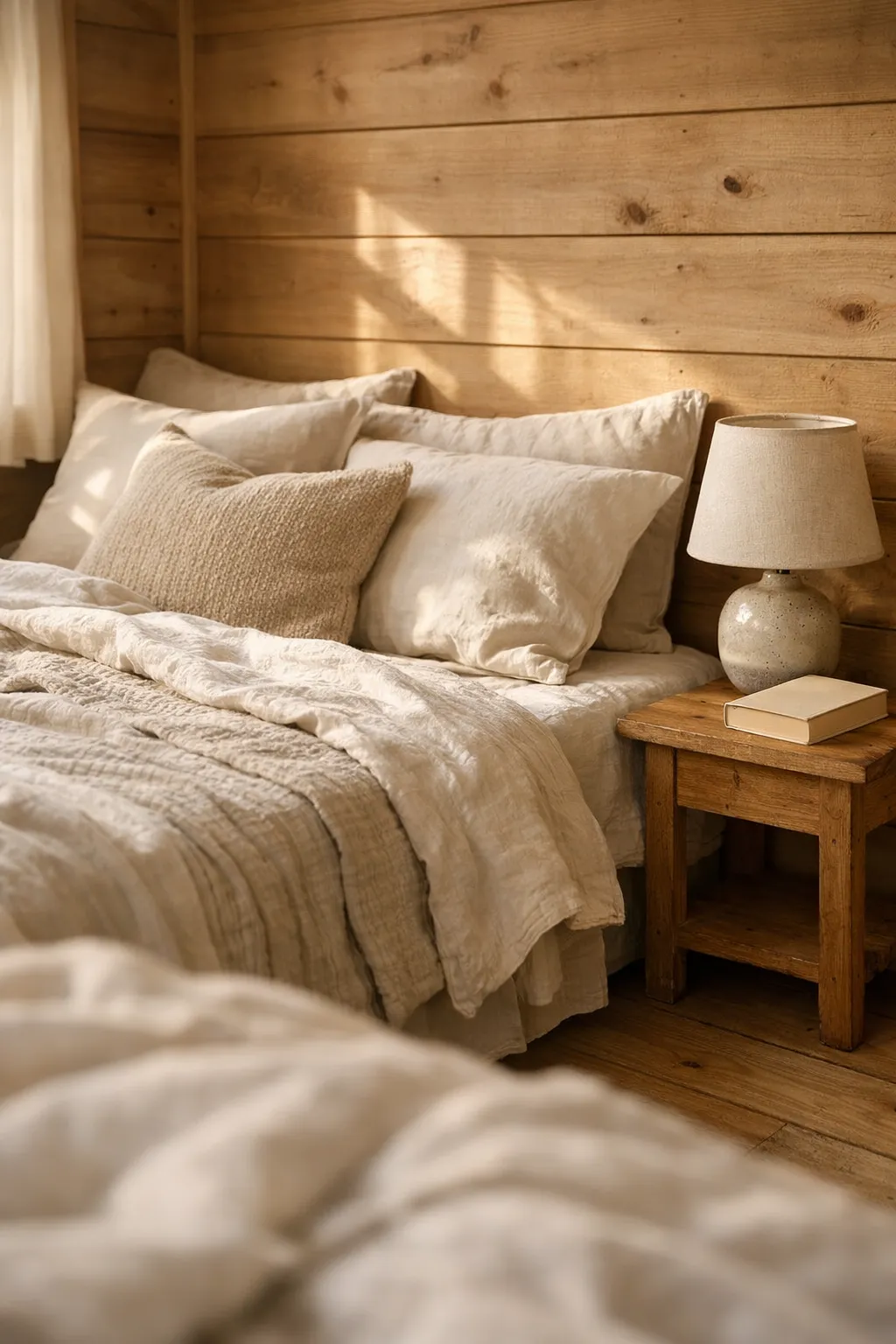 Small cabin bedroom with layered neutral bedding and textured pillows