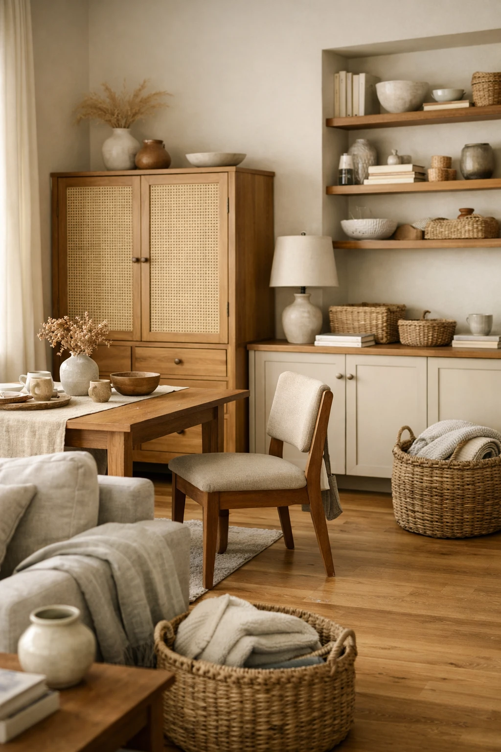 A connected room with a beautiful closed storage cabinet, baskets, and styled shelves.