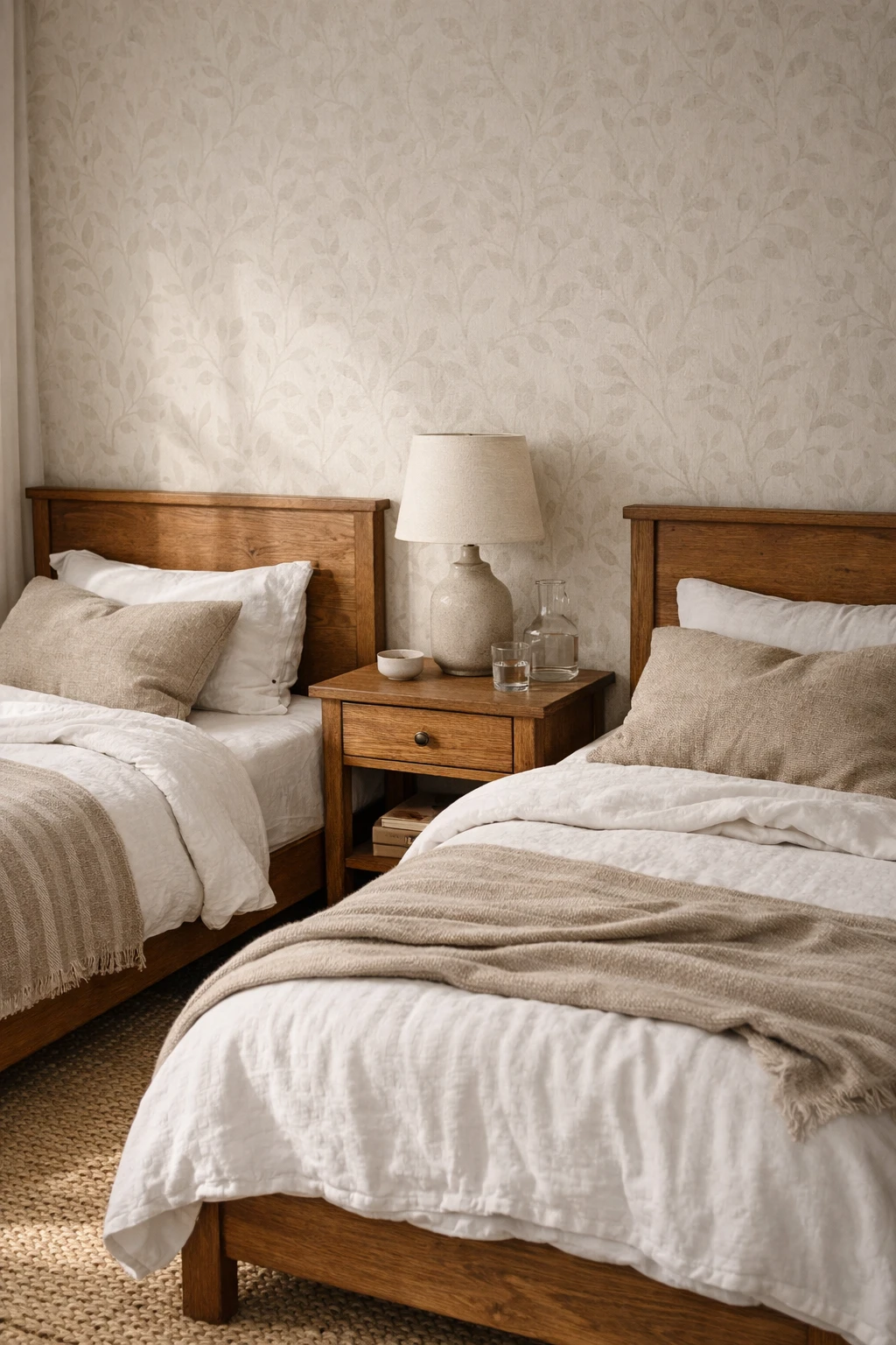 Subtle patterned wallpaper adds quiet charm to a cozy twin bed guest room.