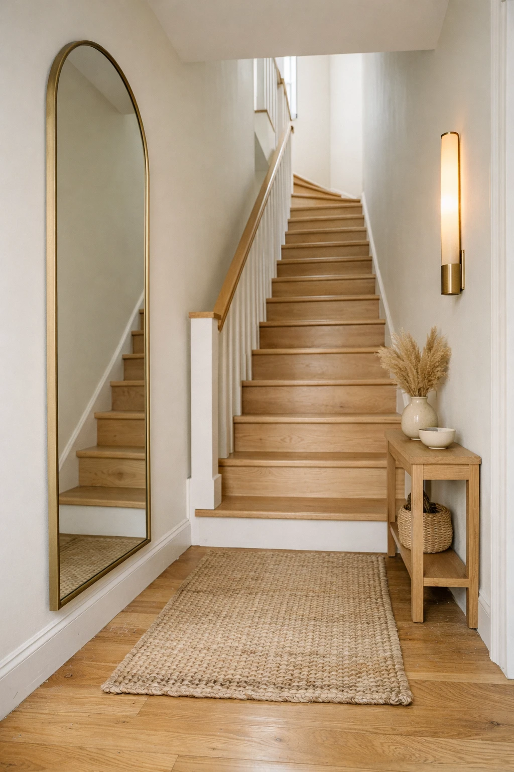 A narrow stair entryway using tall mirrors and vertical decor to add height.