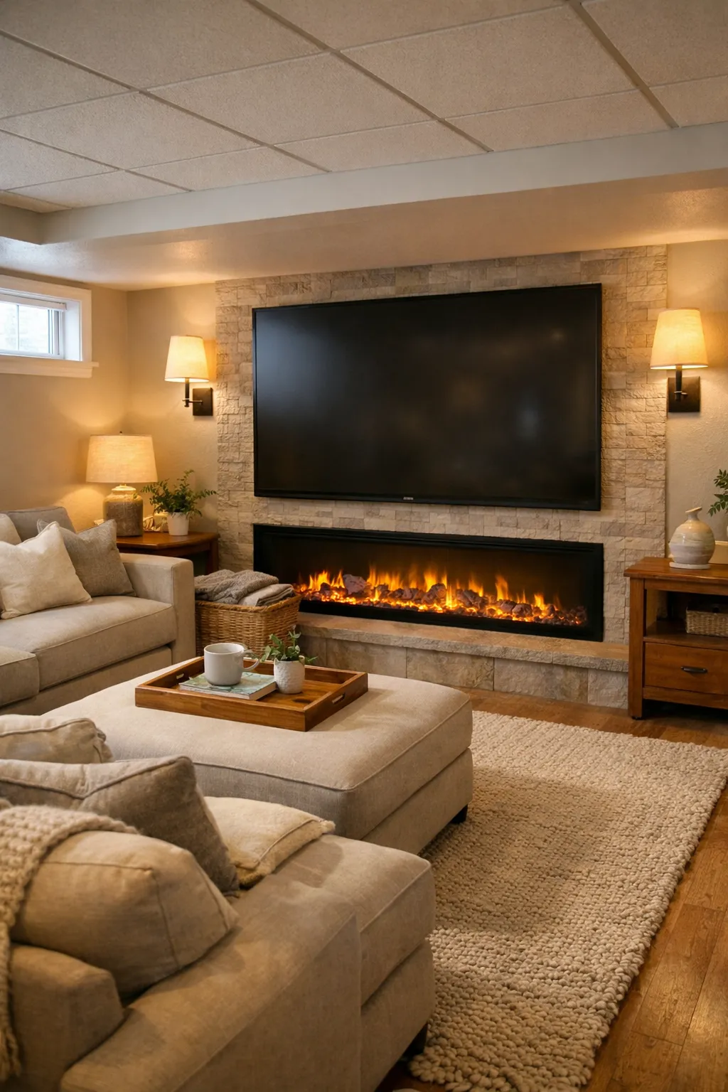 A cozy basement media room with a fireplace, large screen, and soft seating.