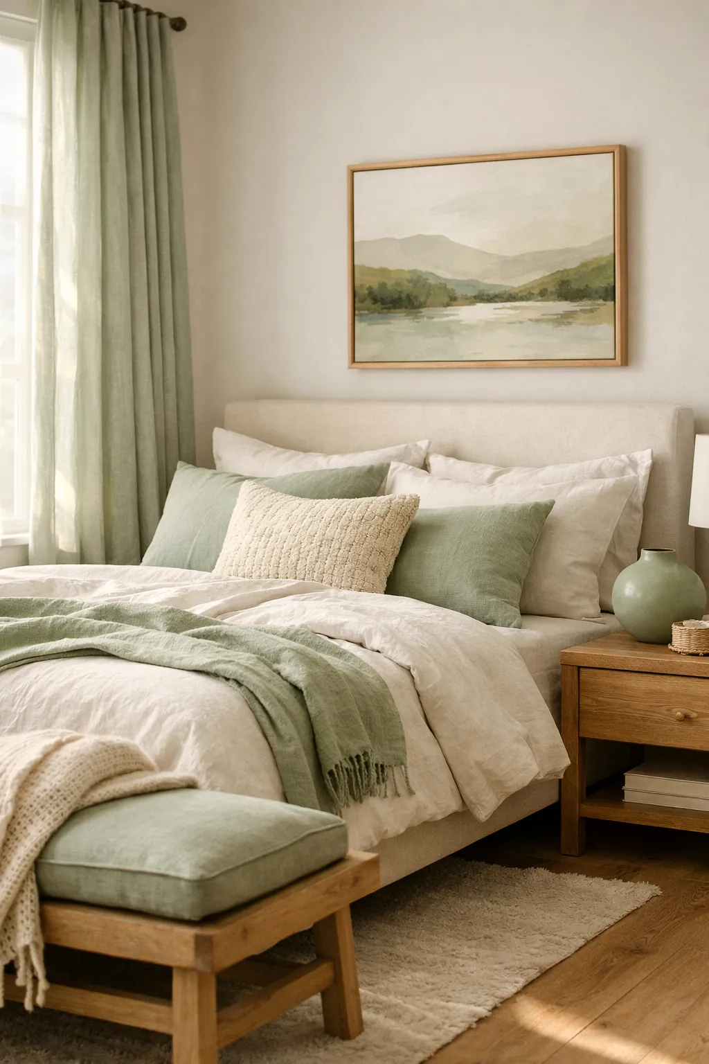 A well-styled bedroom with sage green repeated in bedding, curtains, art, and small decor accents.