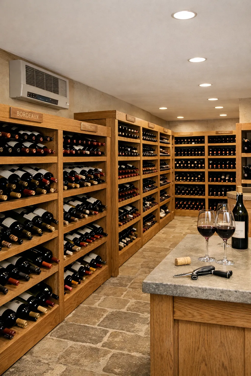 Large climate-controlled wine cellar with organized bottle storage.