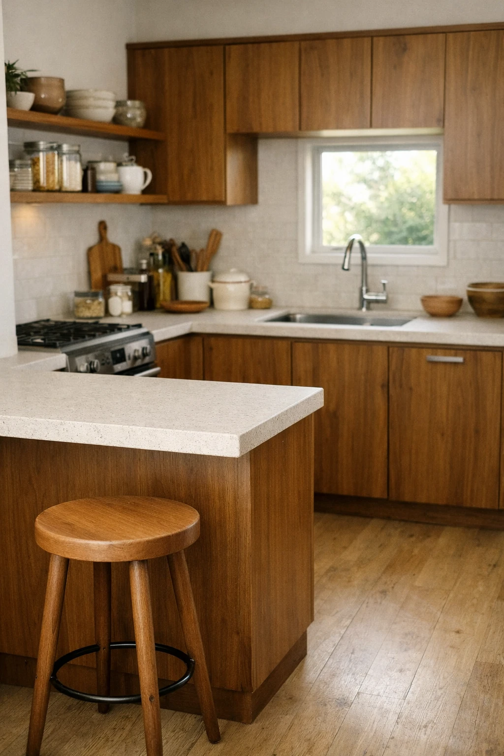 Small mid century modern kitchen with efficient layout and wood cabinets