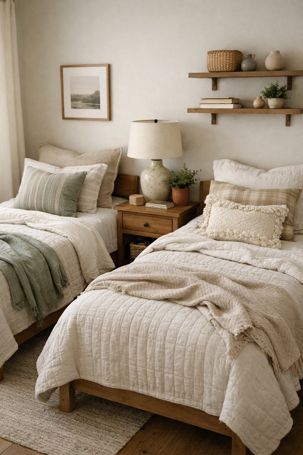 Coordinated but not identical bedding gives a twin bed guest room a relaxed and cozy look.