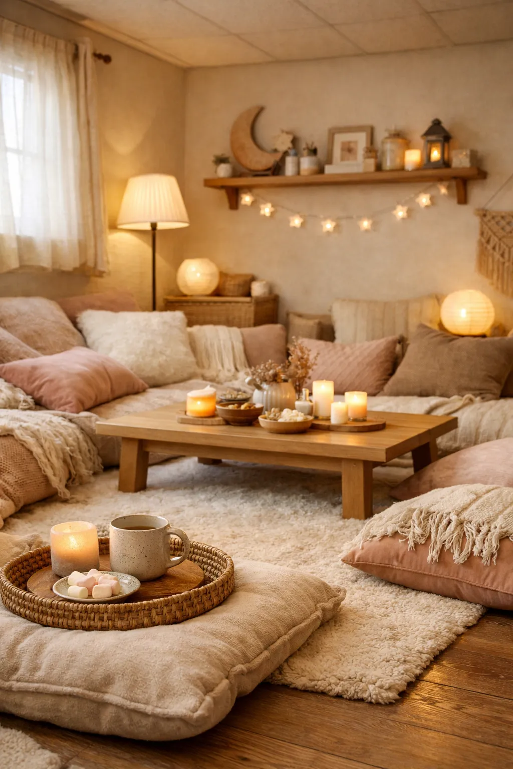 A soft Animal Crossing basement sleepover lounge with cushions, low tables, and cozy layered decor.