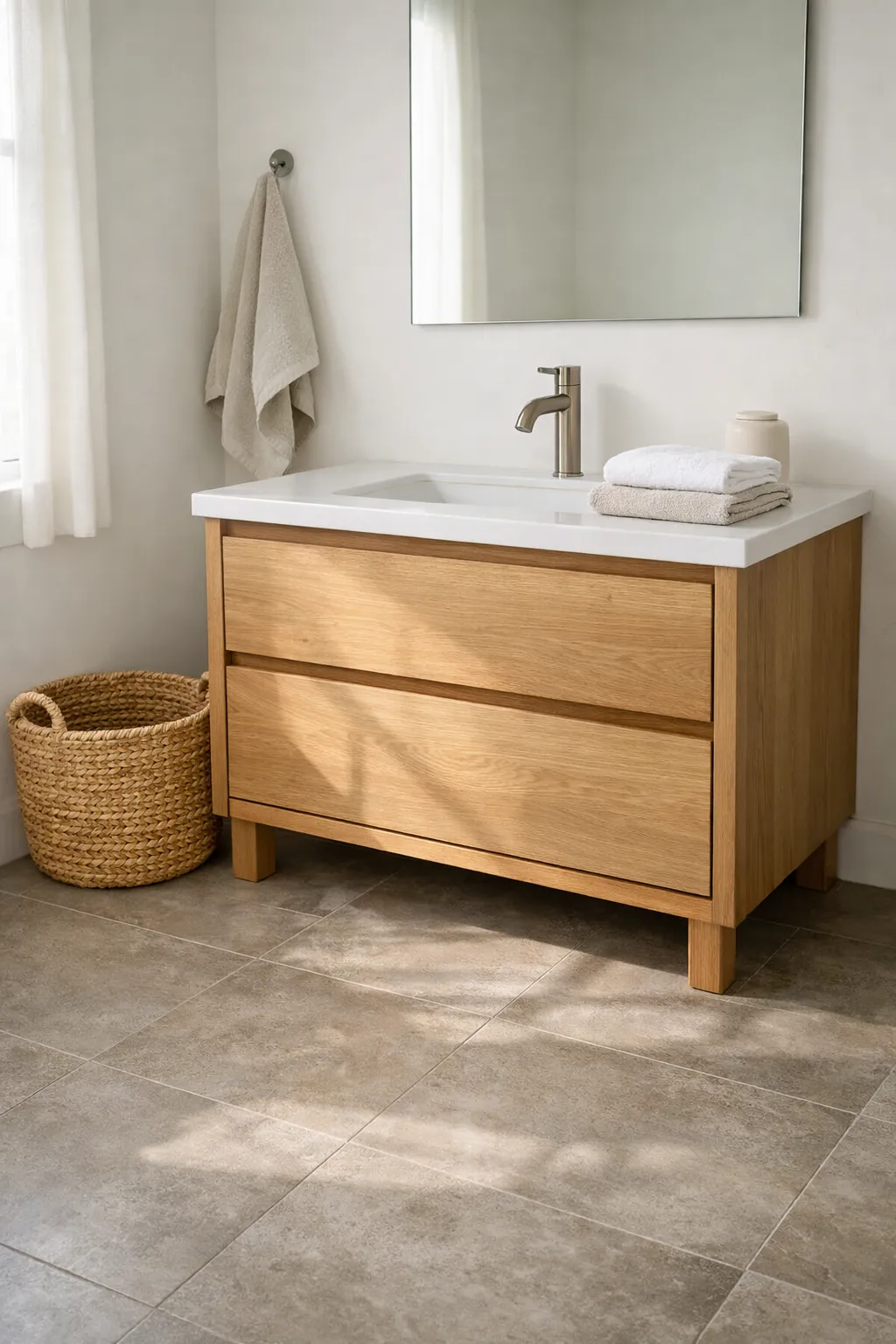 A modern bathroom with gray-beige floor tile and clean white walls.