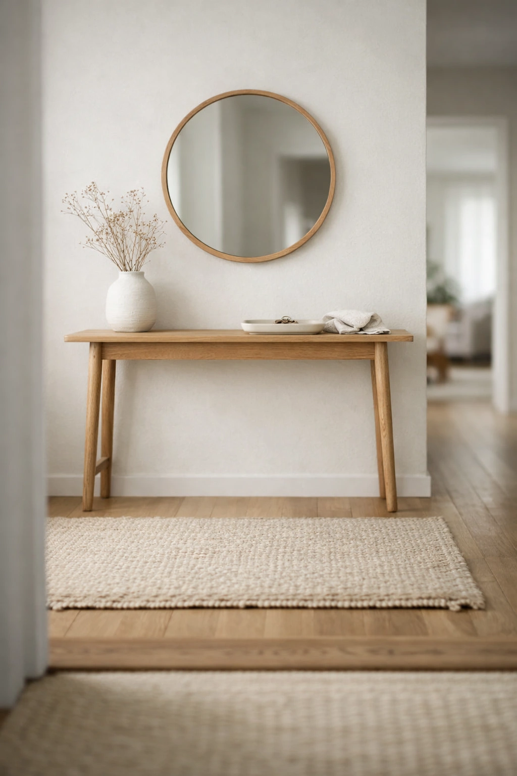 A calm, minimal home entrance with only essential decor and a clean layout.
