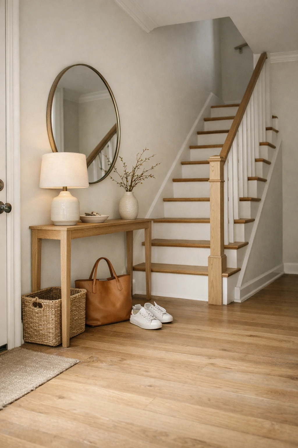 A calm narrow entryway with stairs styled with only a few useful pieces.