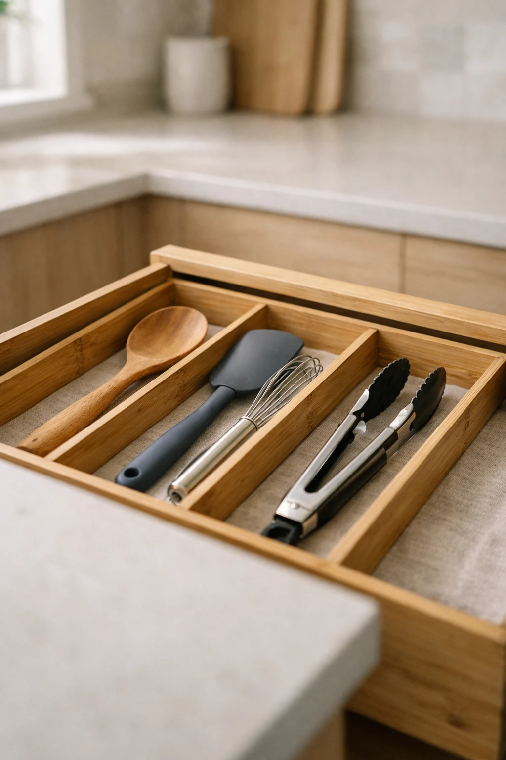 Minimalist kitchen drawer with only essential utensils neatly arranged.