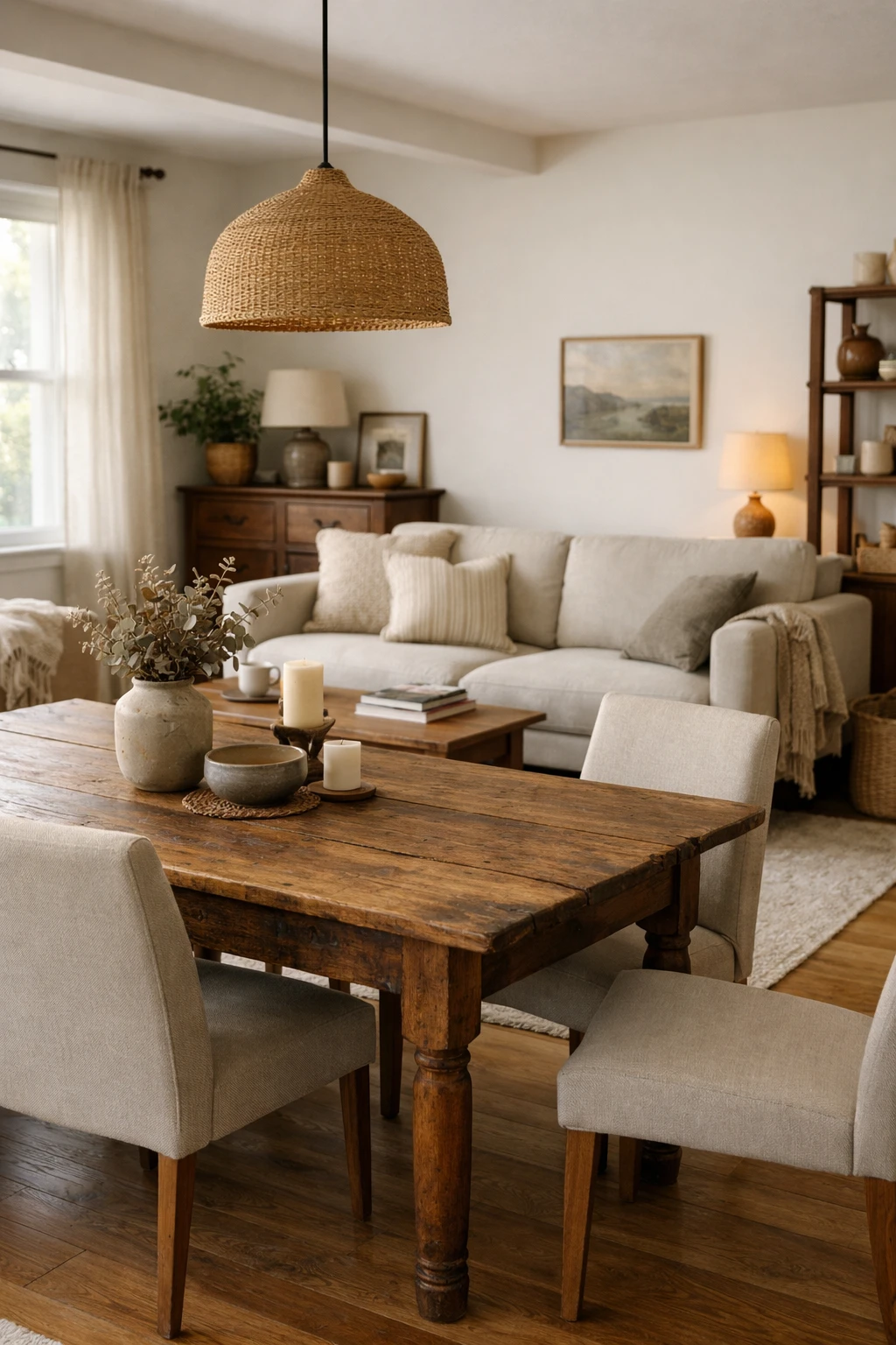 A warm living-dining room mixing a vintage wood table with modern seating and lighting.