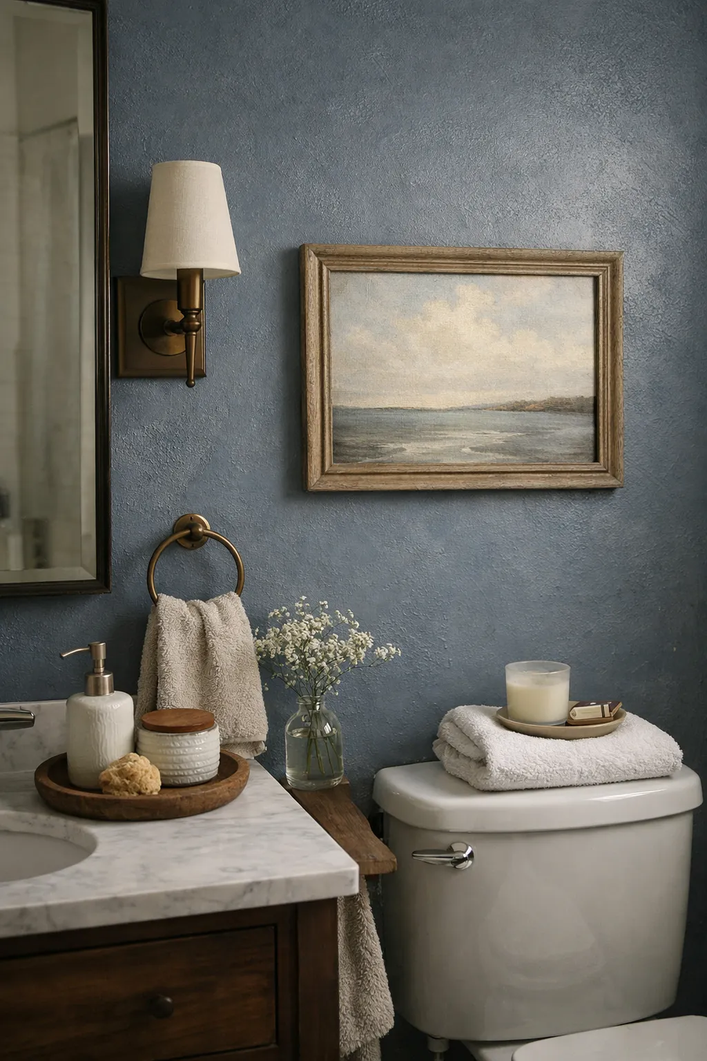 A moody blue bathroom styled with framed wall art and simple personal decor.