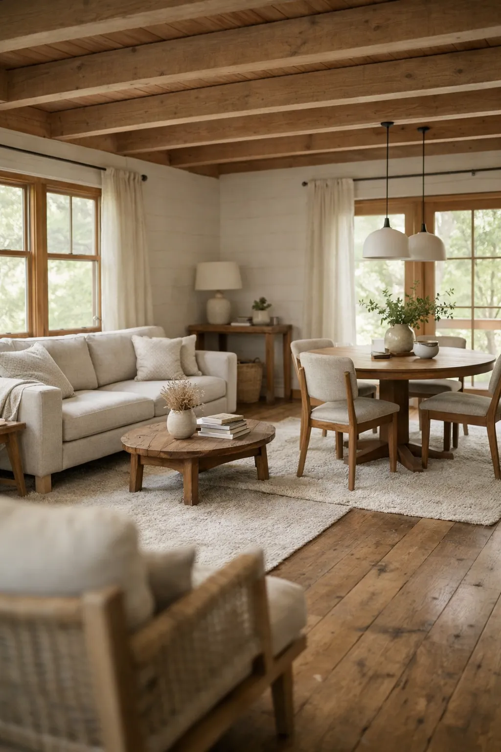 Small open cabin layout divided by layered rugs and lighting