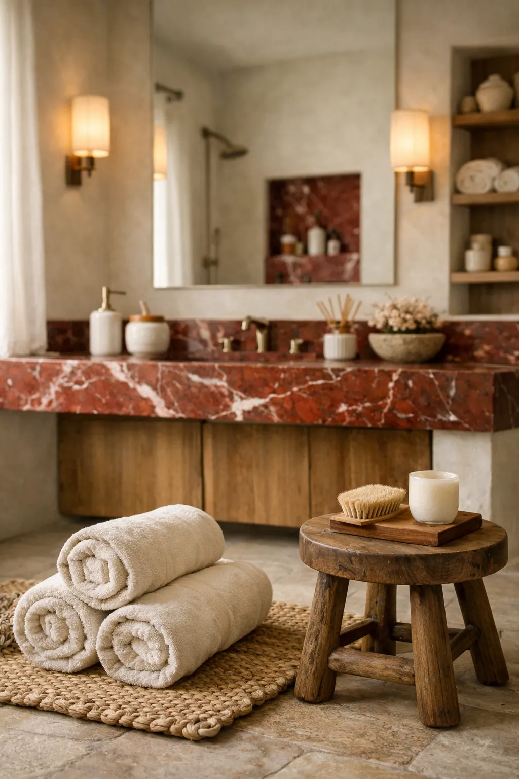 Spa-inspired bathroom featuring red marble accents, wood textures, and soft warm lighting.